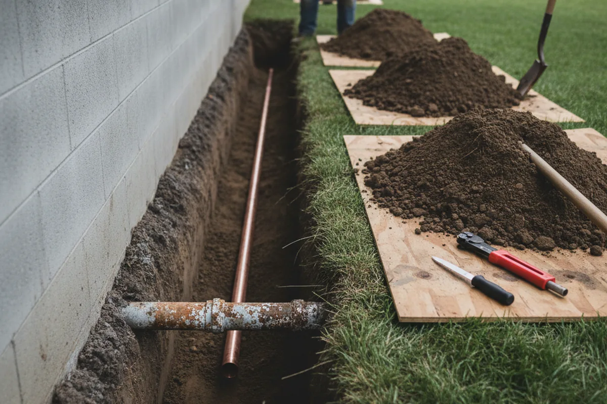 Excavated water line trench during Water Softener Installation in Round Lake
